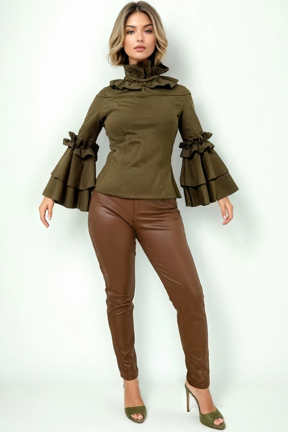 A2002 RUFFLE NECK TOP (COFFEE, OLIVE) - Image 2
