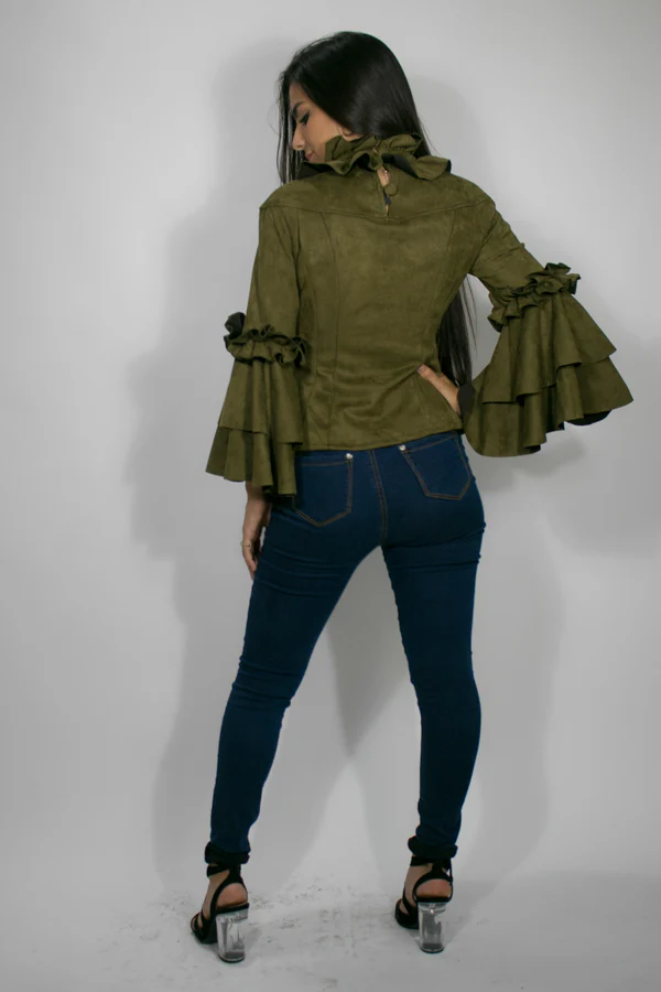 A2002 RUFFLE NECK TOP (COFFEE, OLIVE) - Image 3