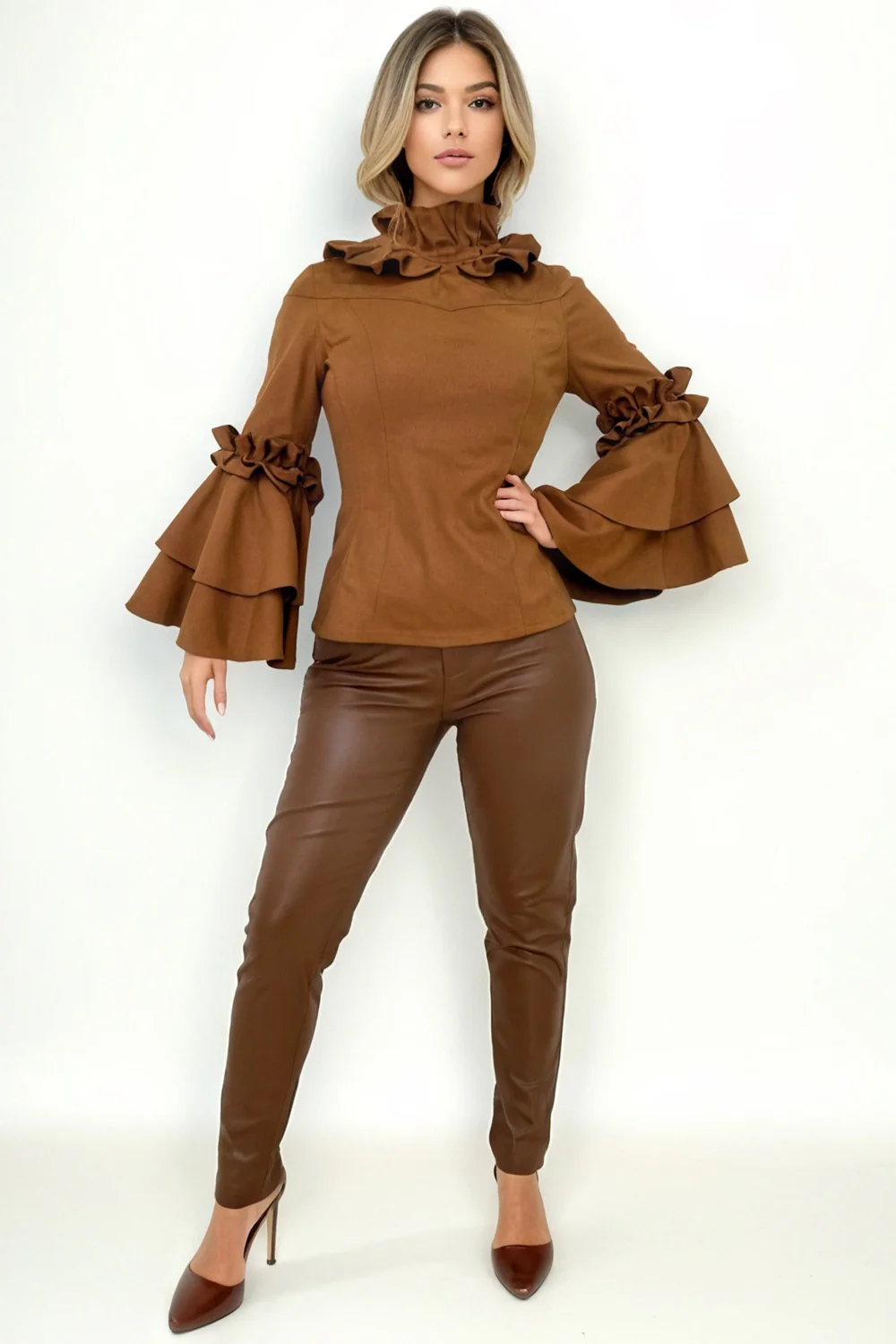 A2002 RUFFLE NECK TOP (COFFEE, OLIVE) - Image 4