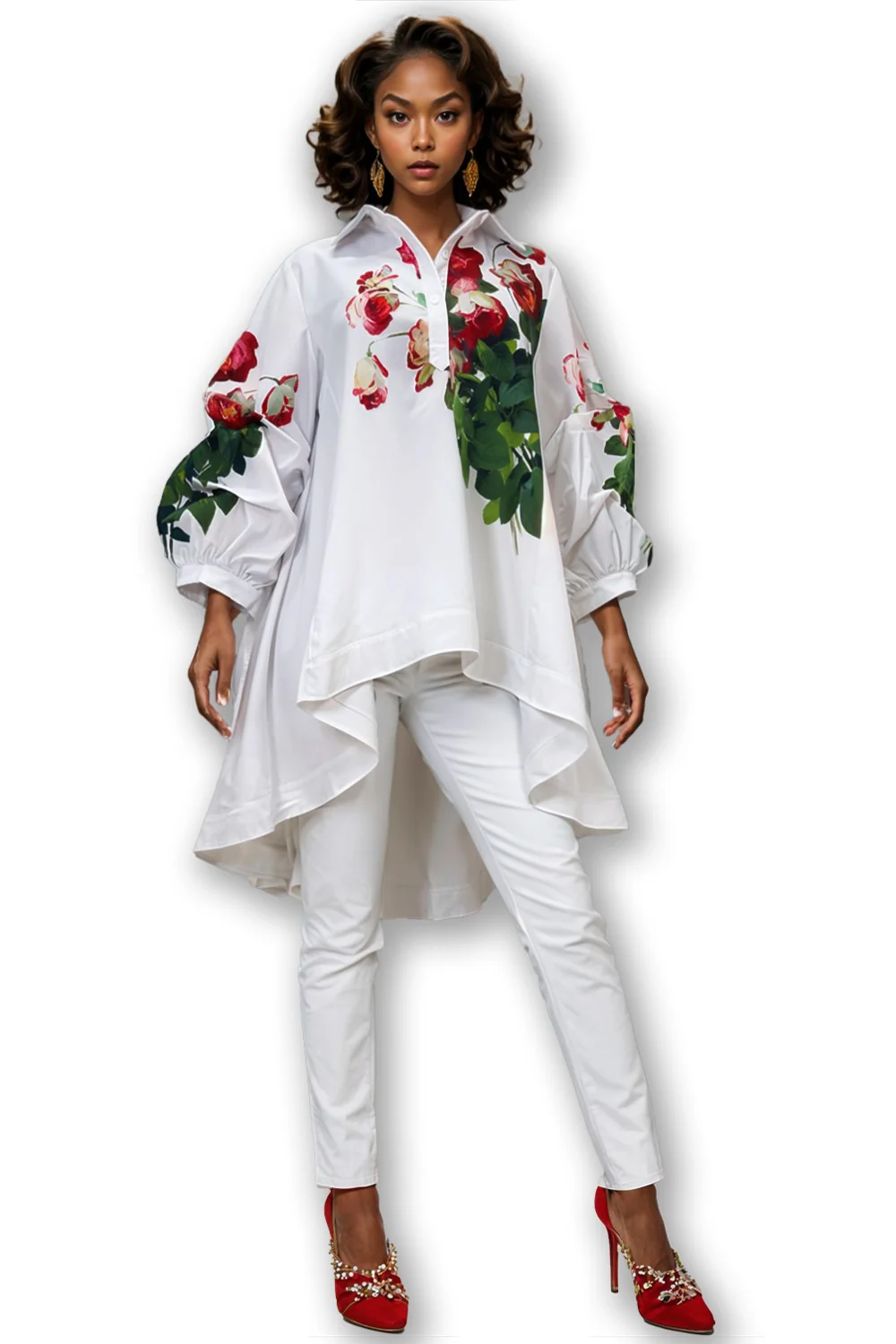 S2311 GATHERED SLEEVE HI-LO TOP (WHT, BLUE) - Image 2