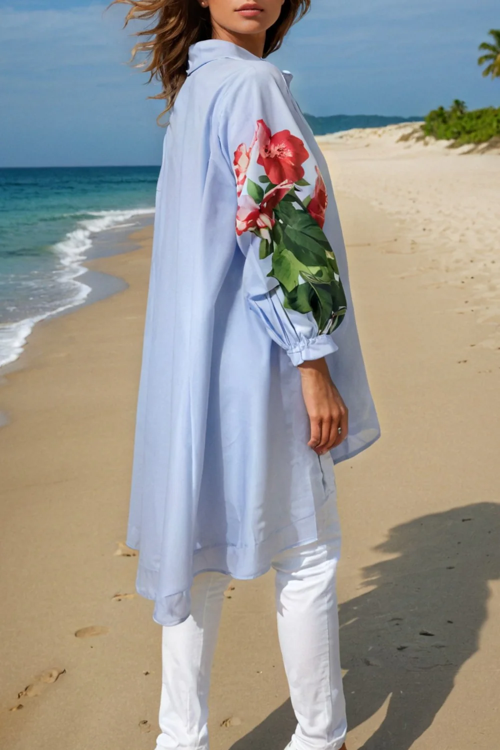 S2311 GATHERED SLEEVE HI-LO TOP (WHT, BLUE) - Image 3
