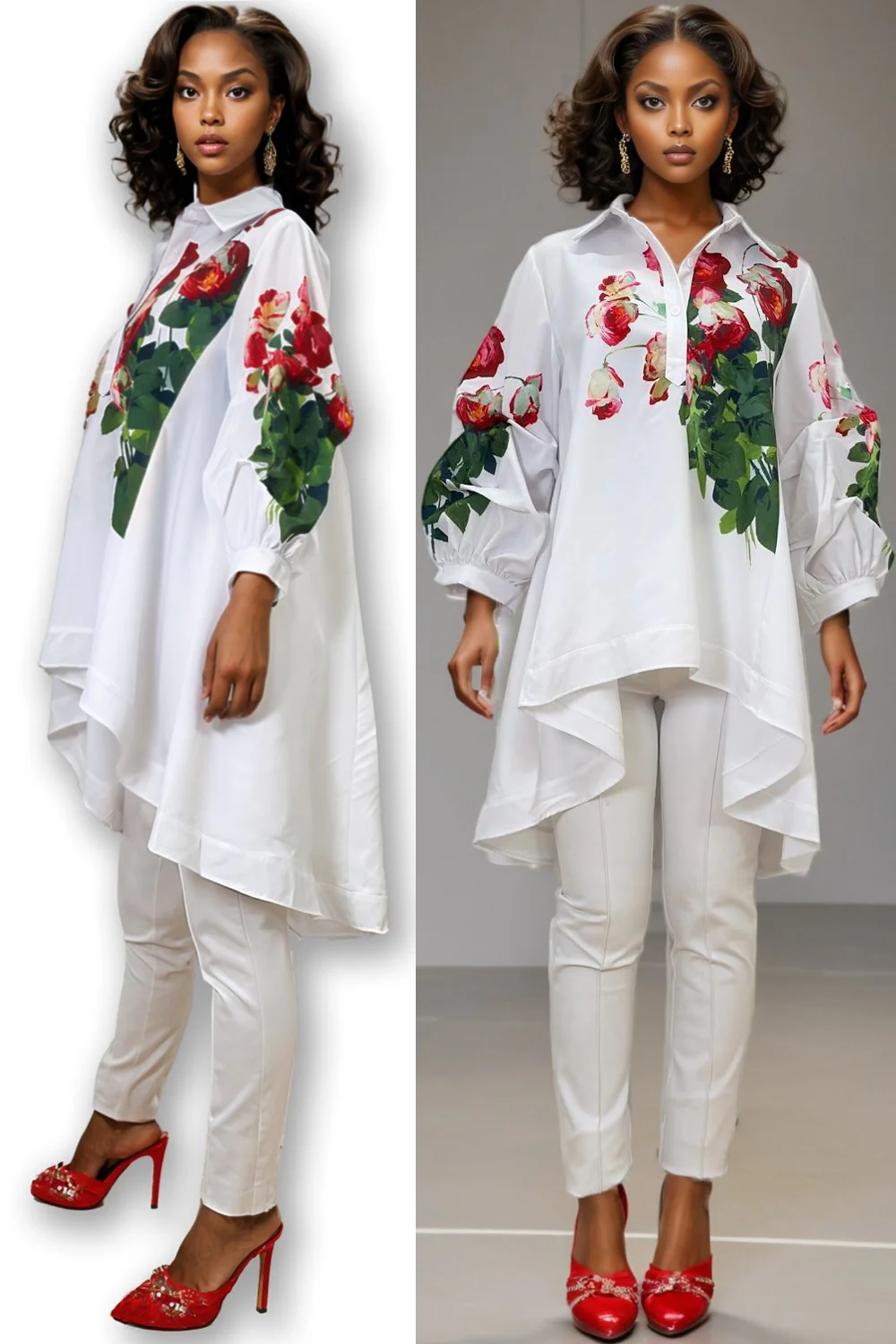 S2311 GATHERED SLEEVE HI-LO TOP (WHT, BLUE) - Image 4