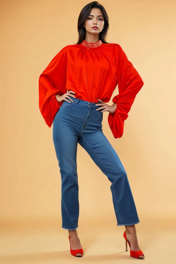 A92111C SATIN RHINESTONE COLLAR TOP (RED, GOLD, BLK)