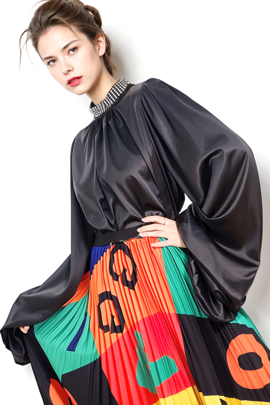 A92111C SATIN RHINESTONE COLLAR TOP (RED, GOLD, BLK) - Image 3