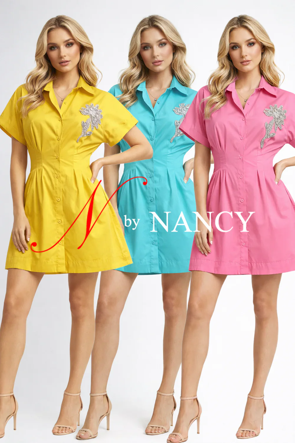 S3105 EMBELLISHED BUTTON-FRONT SHIRT DRESS (YEL-GRN, TEAL) - Image 4