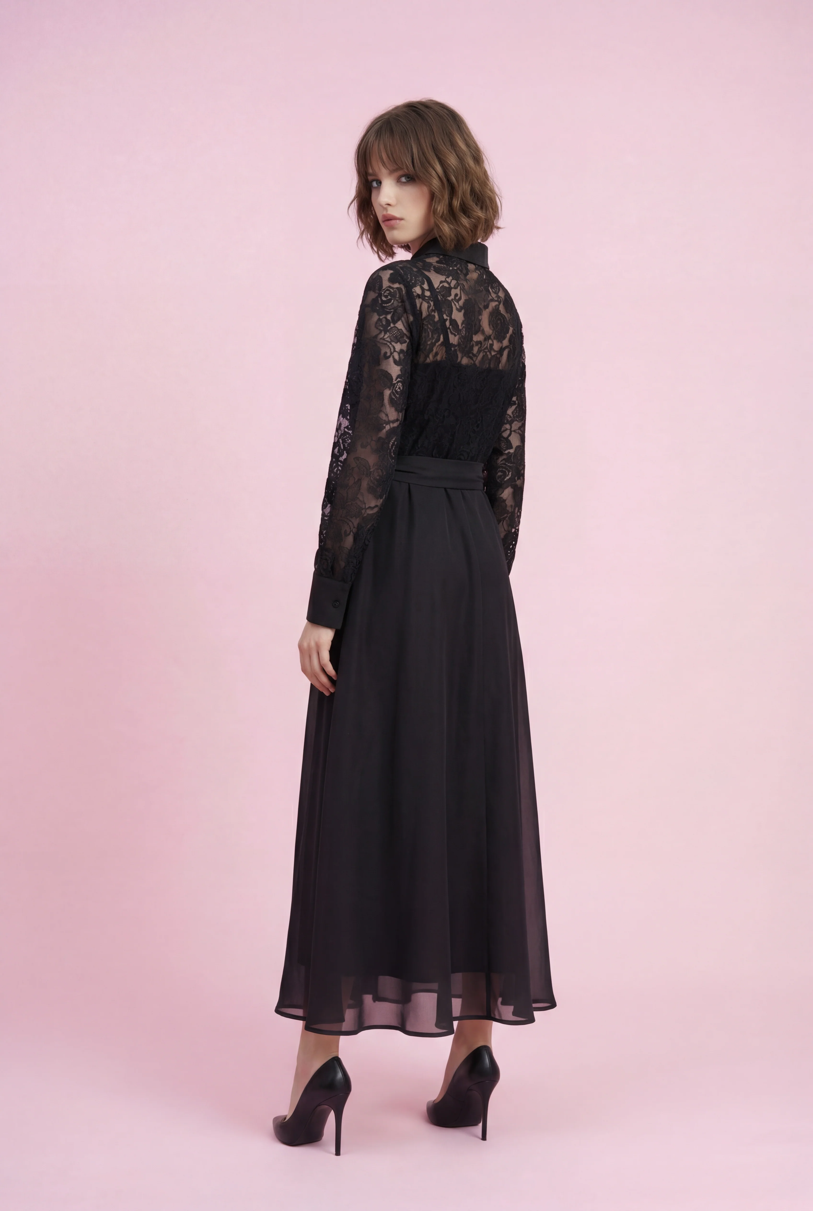 CH8001 SHEER LACE BUTTON-DOWN SHIRT MAXI DRESS - Image 2