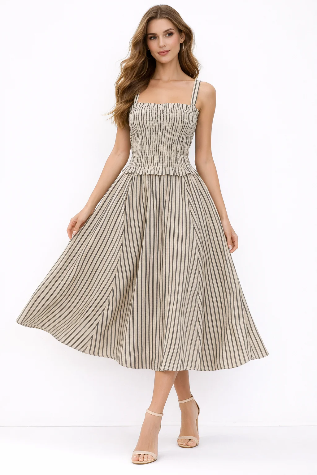 A95153 STRIPED SQUARE NECK SMOCKED MIDI DRESS