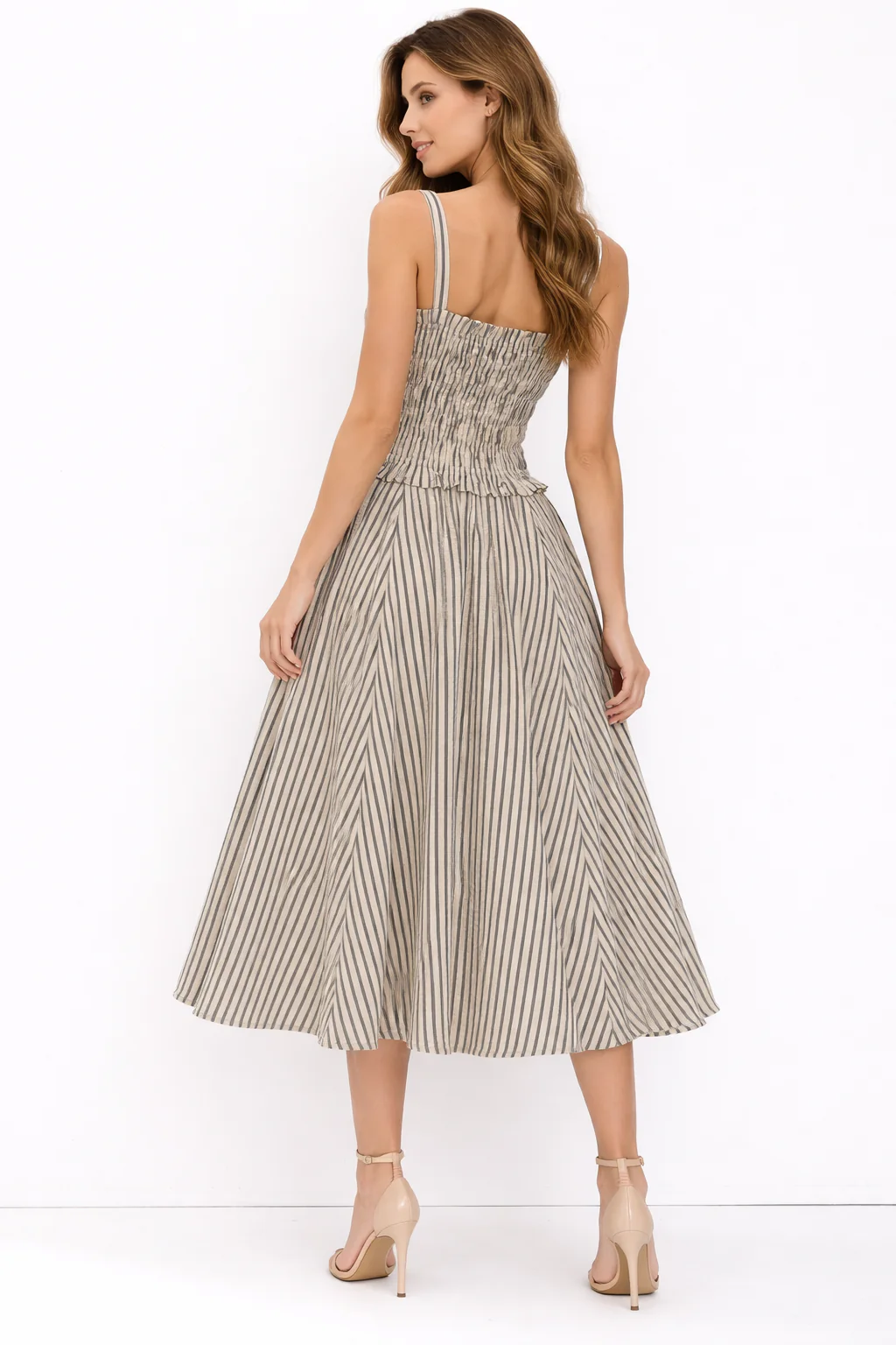 A95153 STRIPED SQUARE NECK SMOCKED MIDI DRESS - Image 2