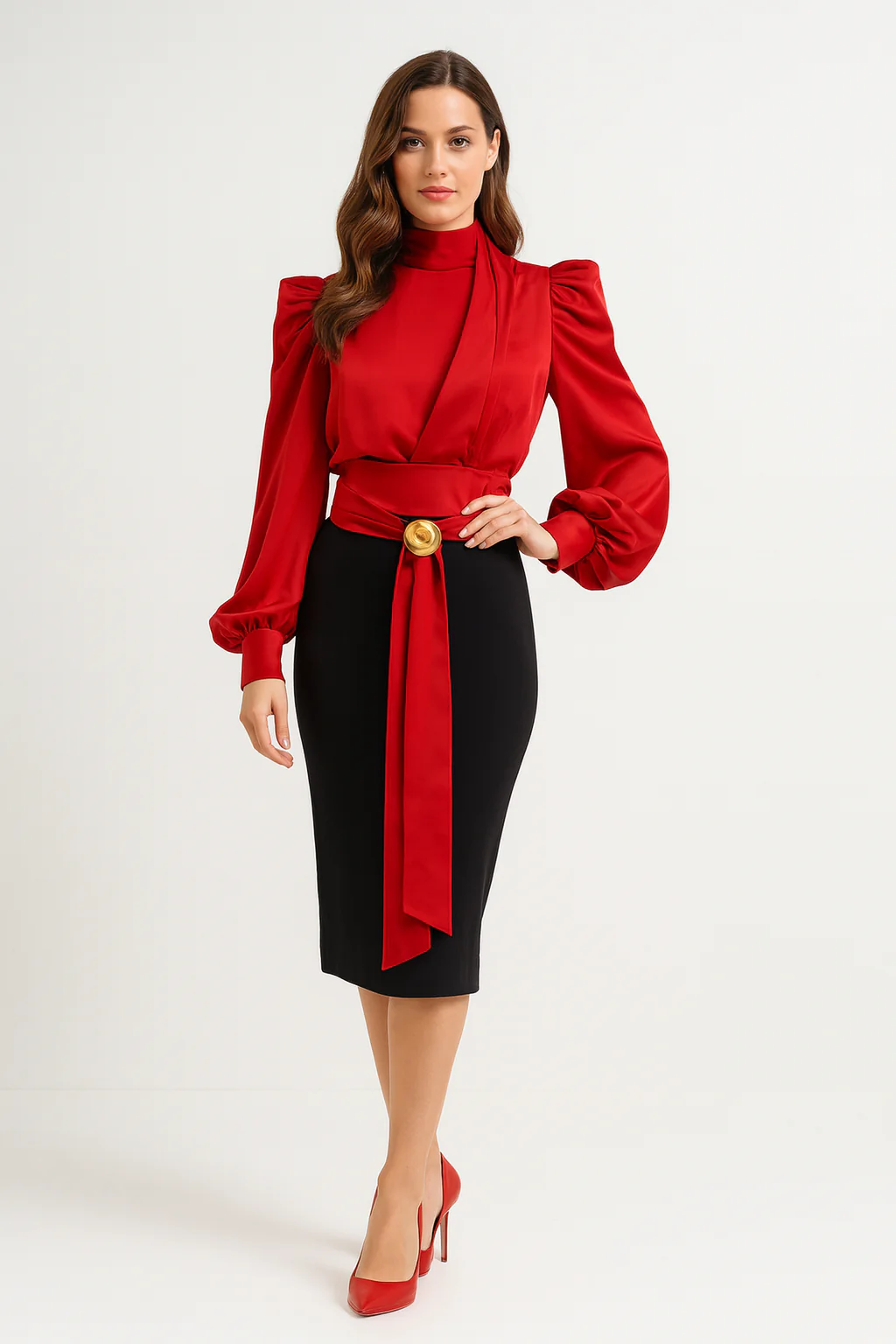 C3551 TIMELESS LUXE HIGH NECK CROP TOP (BLK, RED) - Image 2