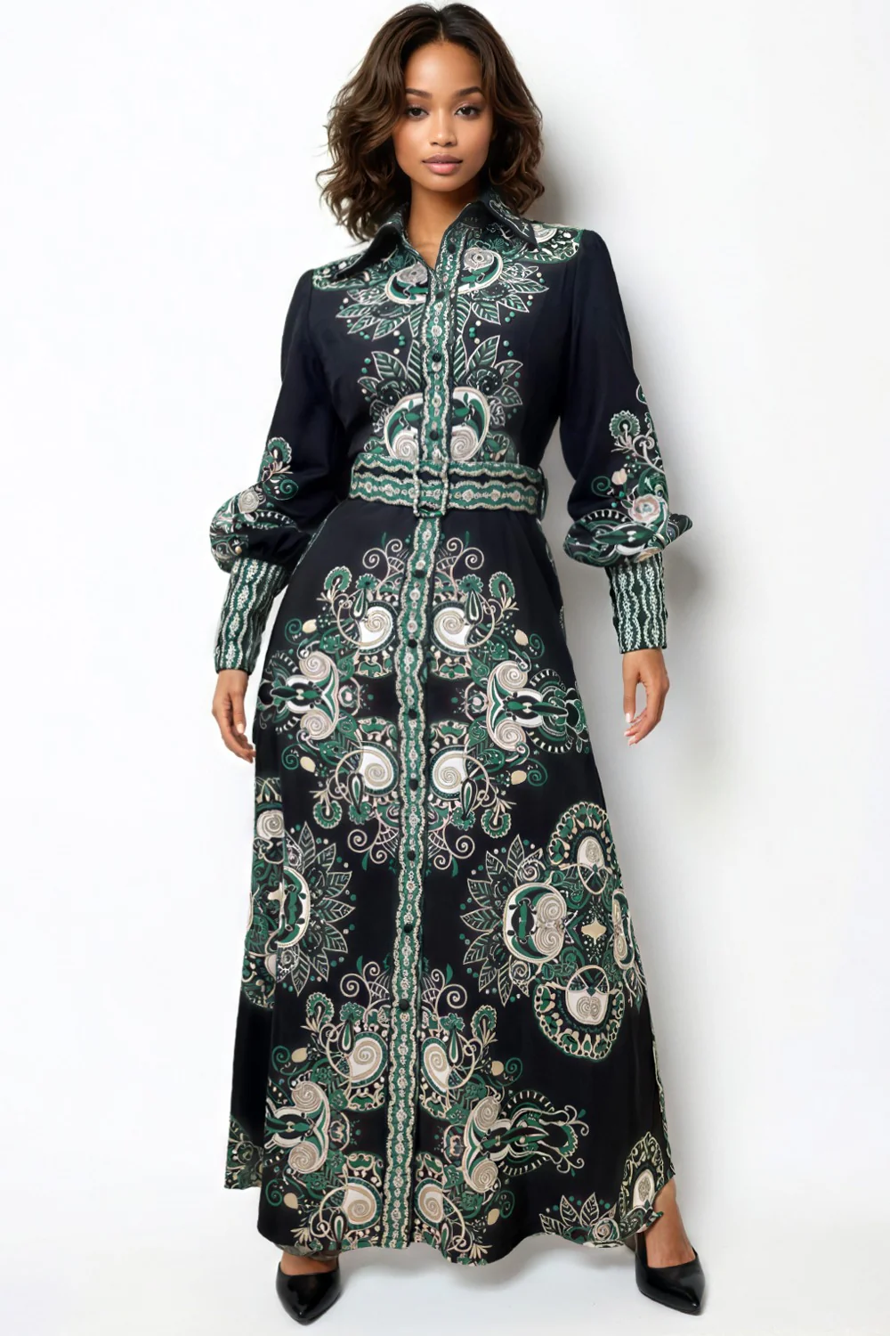 B1067/B1066 BELTED SHIRT DRESS (GRN, BRN)