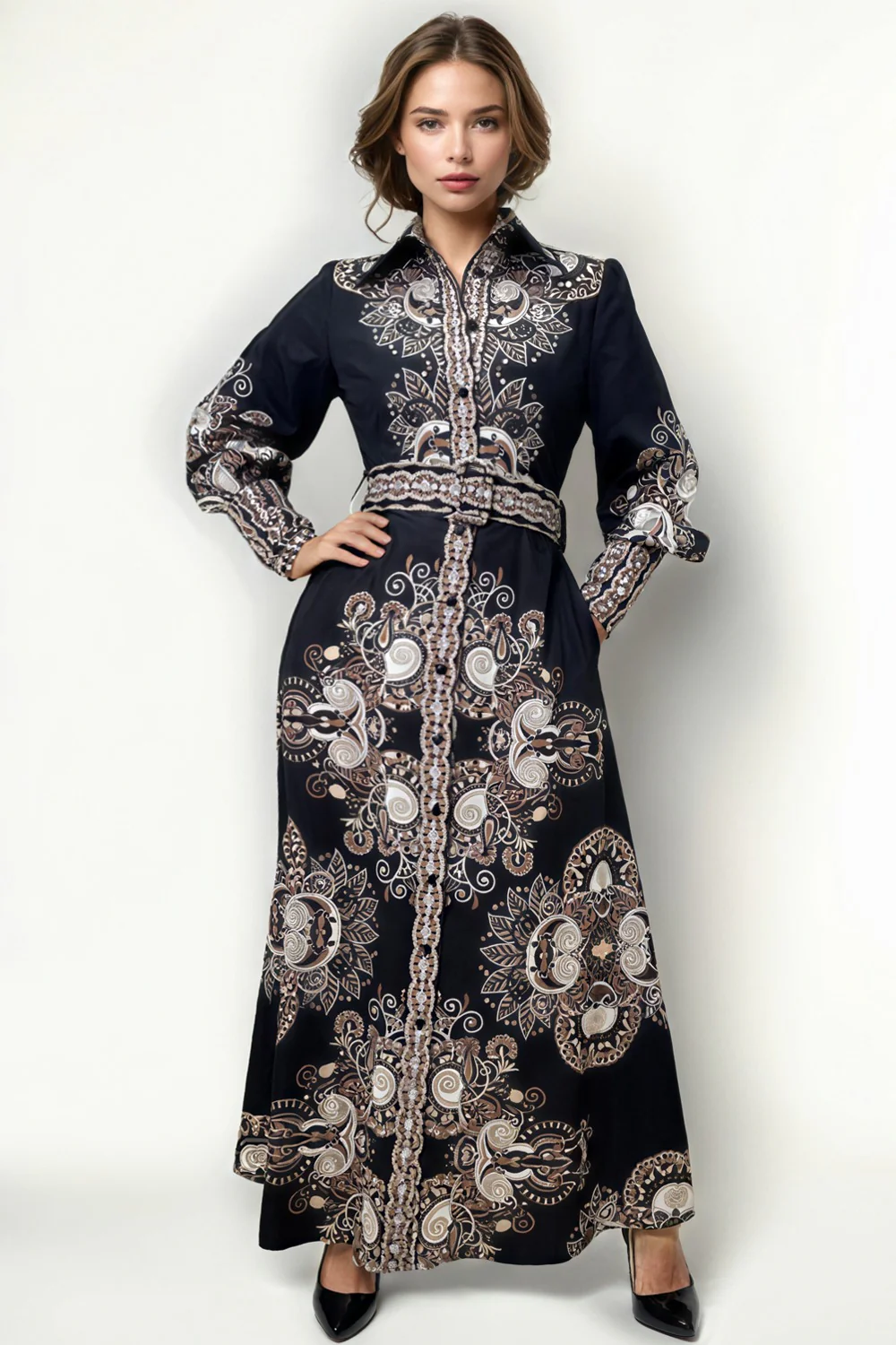 B1067/B1066 BELTED SHIRT DRESS (GRN, BRN) - Image 2
