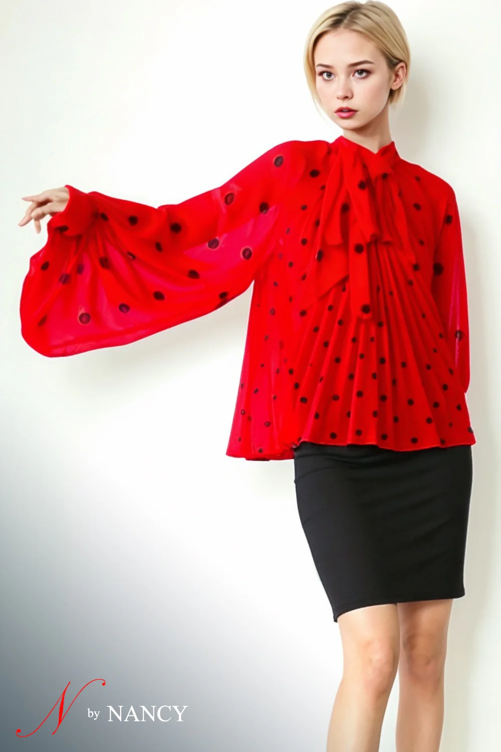 C3395 POLKA DOT PLEATED TOP (WHT, RED) - Image 3