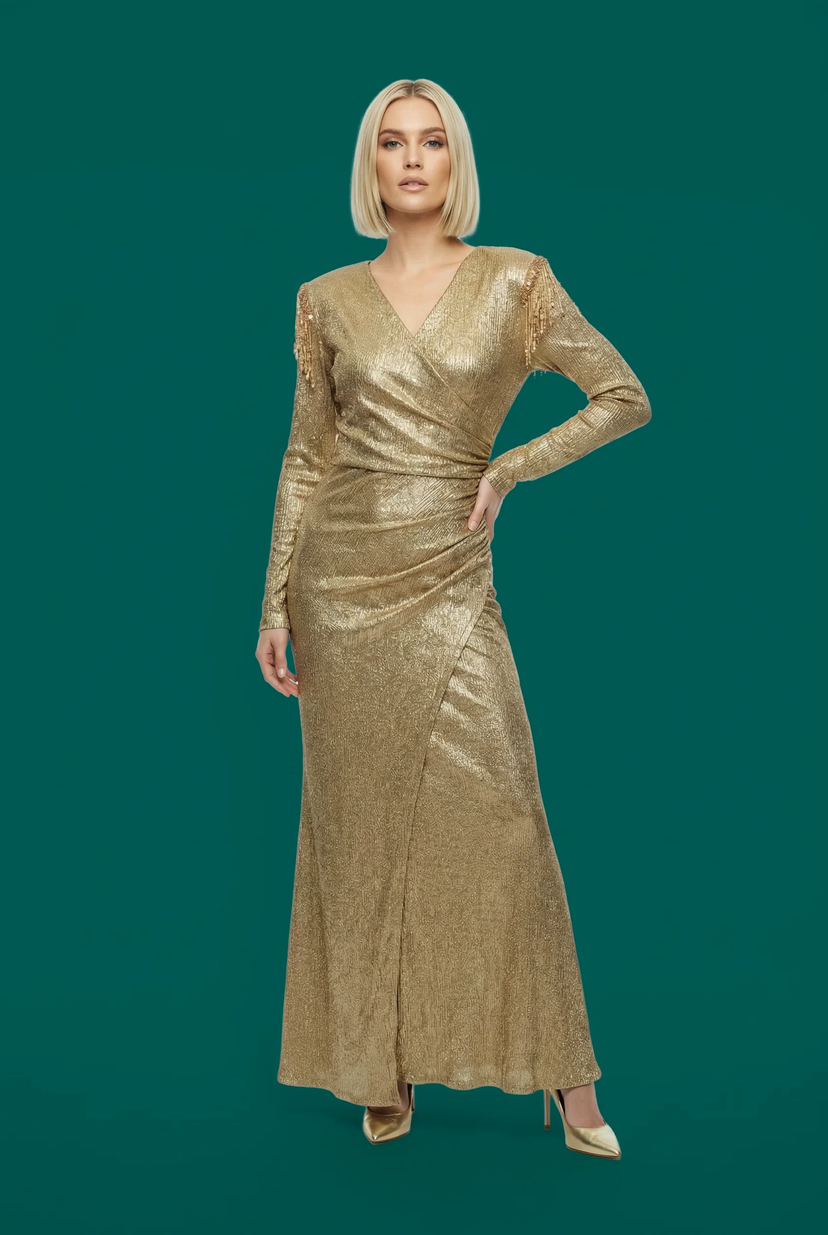 C3541 MAJESTIC FRINGE SHOULDER LUREX DRESS