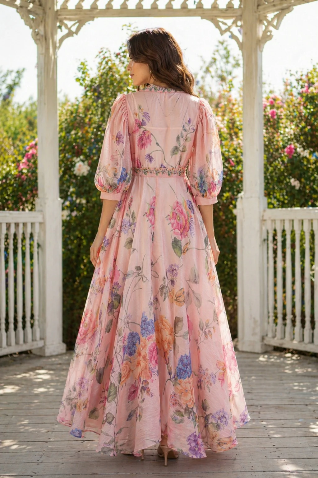 GF1770 SHEER ORGANZA PUFF SLEEVE MAXI DRESS - Image 2