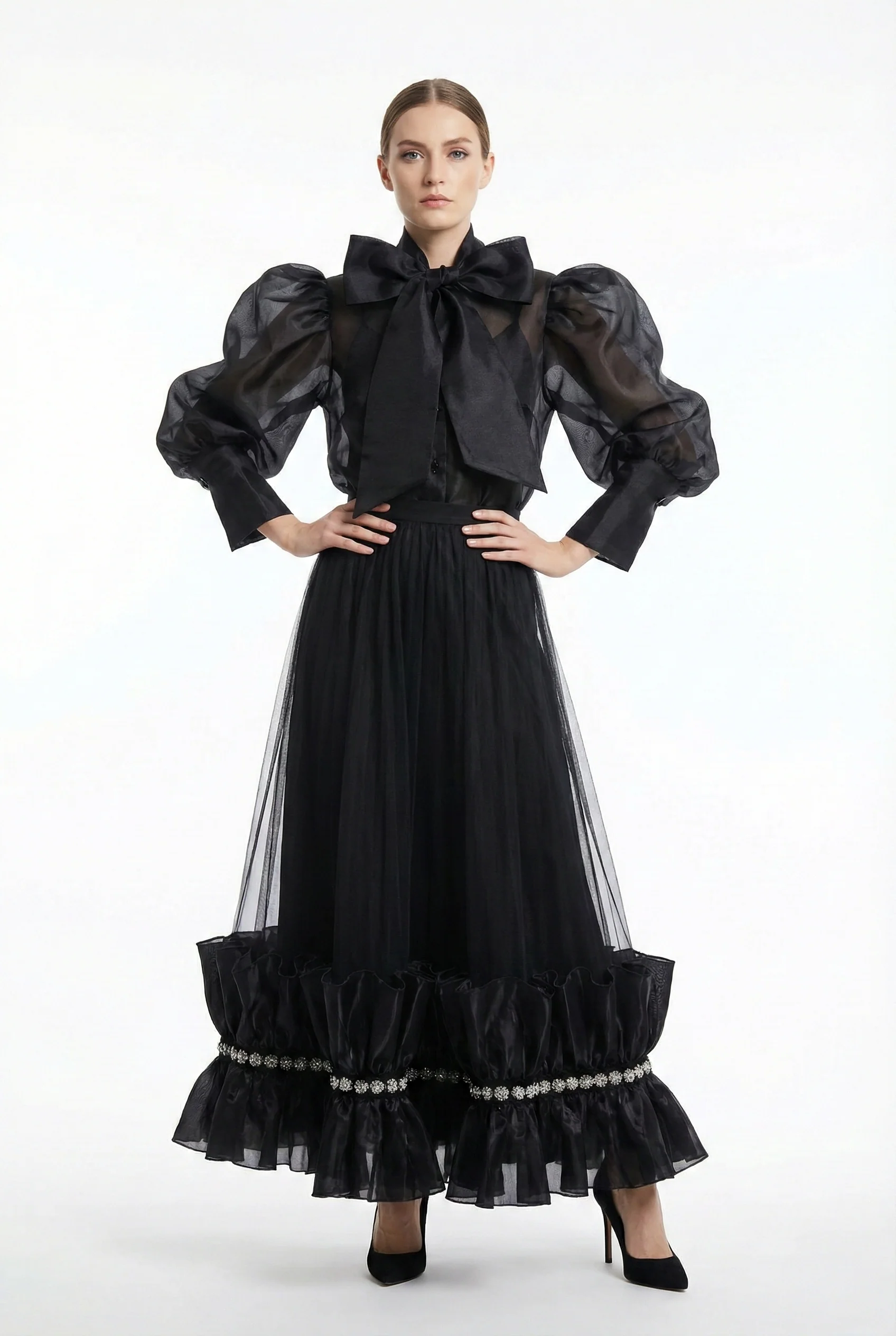 C3559 BEADED TRIM RUFFLE SKIRT