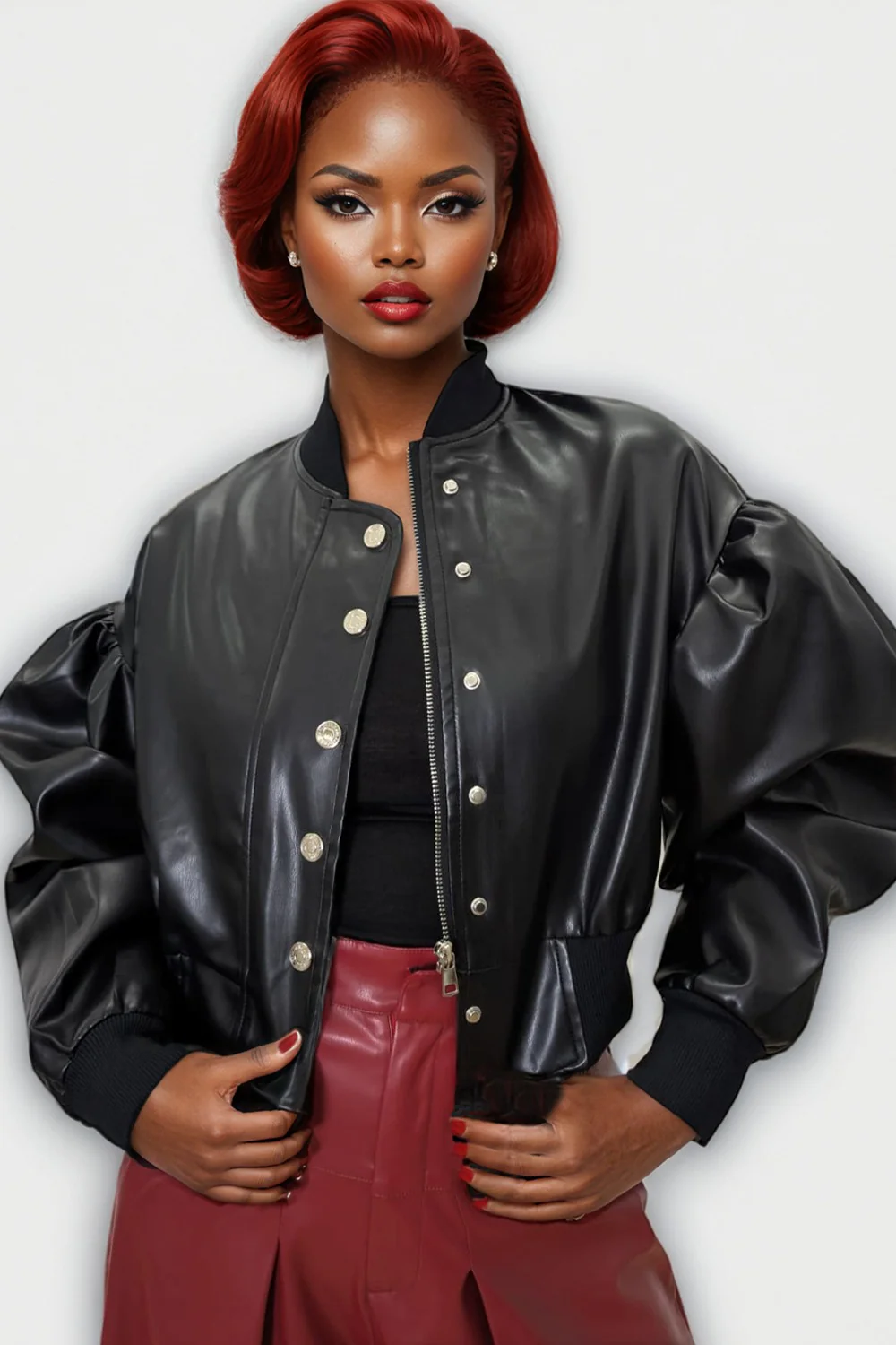 CH0098 PUFF-SLEEVE BOMBER JACKET TOP (BLK, GRN)