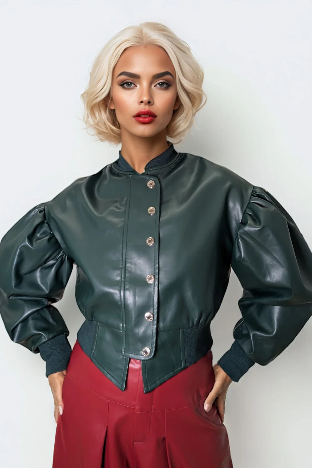 CH0098 PUFF-SLEEVE BOMBER JACKET TOP (BLK, GRN) - Image 2