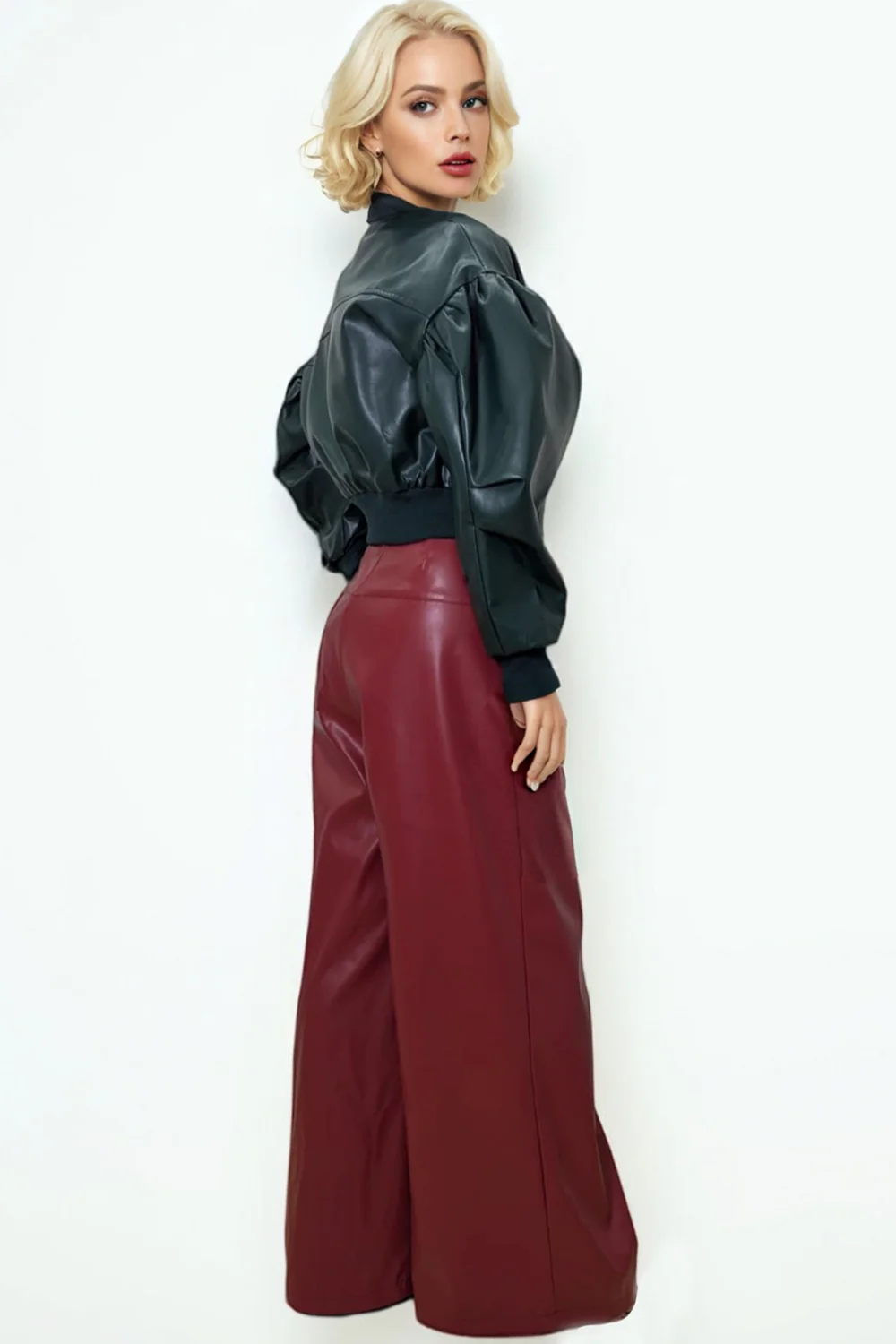 CH0098 PUFF-SLEEVE BOMBER JACKET TOP (BLK, GRN) - Image 3