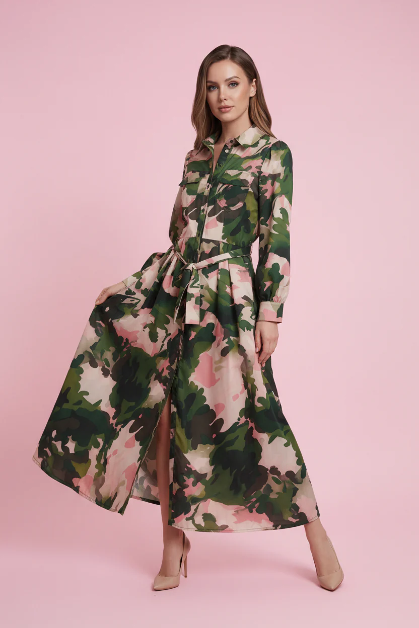S3118 CAMO PRINT MAXI SHIRT DRESS (XXXL ONLY)