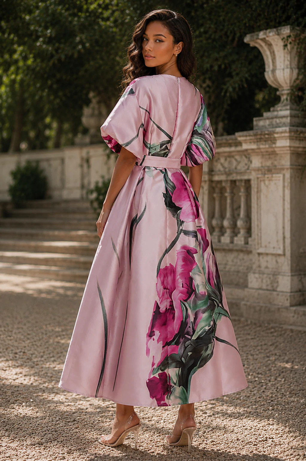 CH9008 FLORAL PUFF SHORT SLEEVE MIKADO DRESS - Image 2