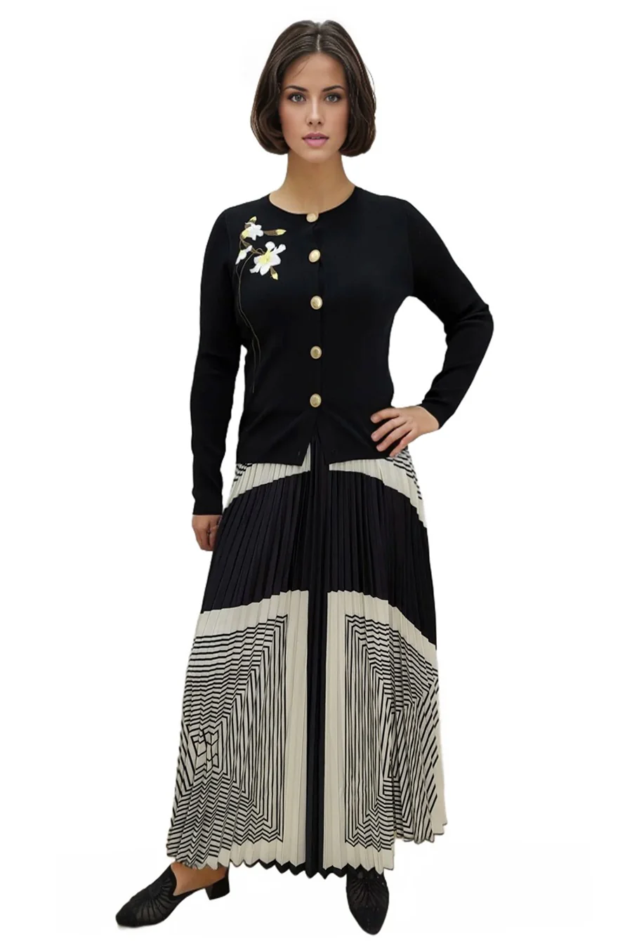 LS63039 ROUND NECK CARDIGAN SWEATER (WHT, BLK) - Image 2