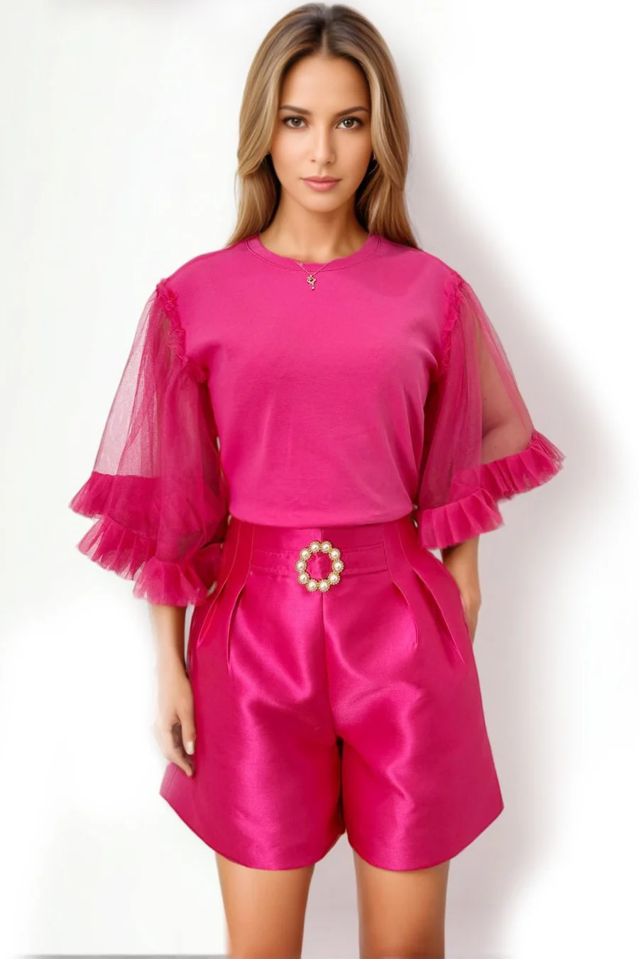 E7316 TULLE SLEEVE TOP (WHT, GRN, PINK) - Image 4