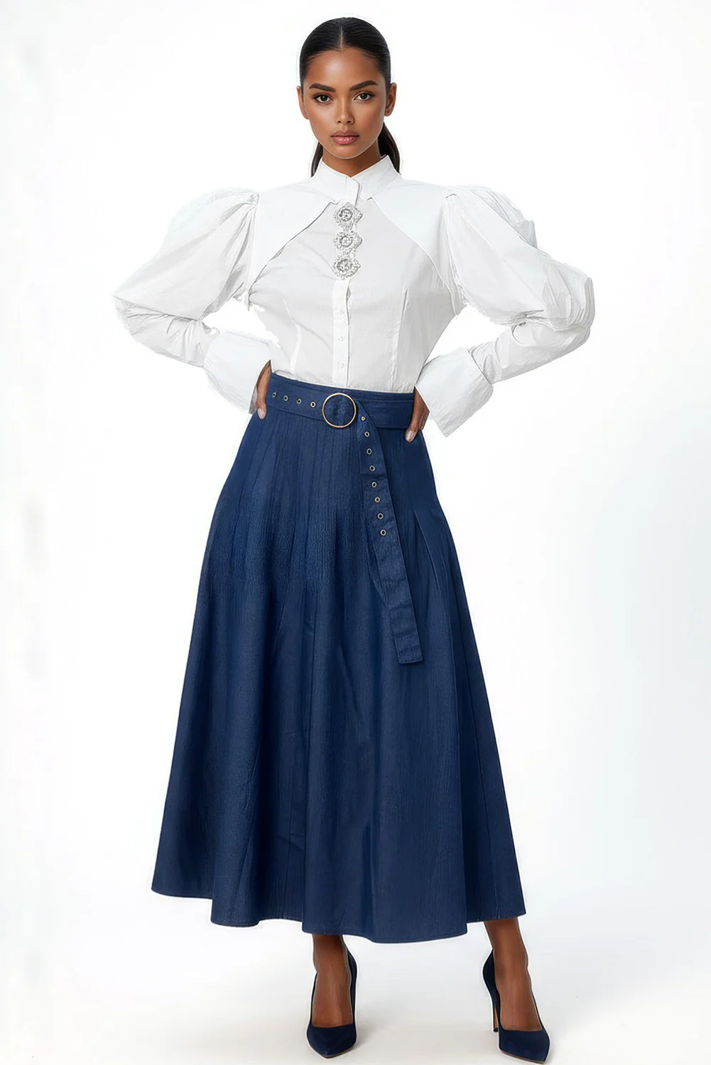 E8026 DENIM PIN TUCK MAXI SKIRT (XL, XXL)