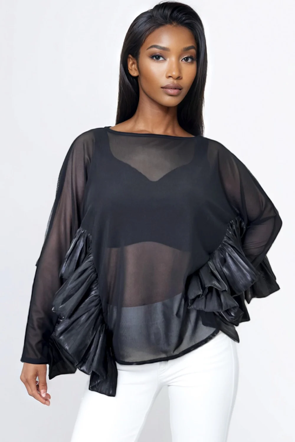 GF1107 RUFFLE SLEEVE TOP (WHT, BLK)