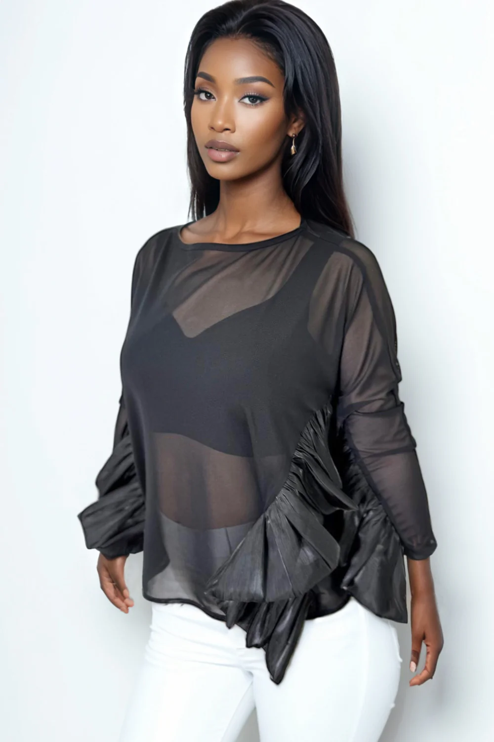 GF1107 RUFFLE SLEEVE TOP (WHT, BLK) - Image 4