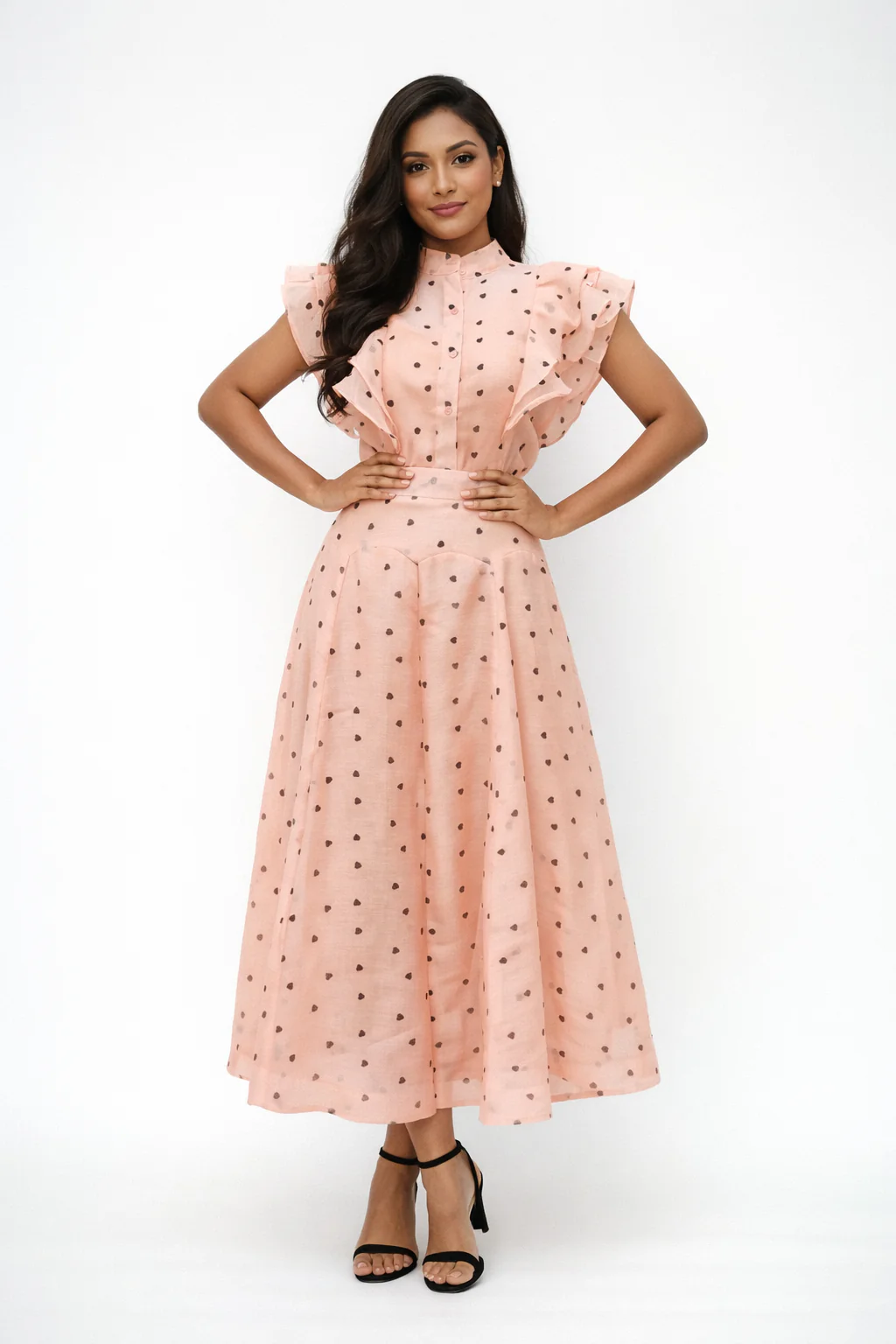 CH0224AB RUFFLED SHOULDER HEART PRINT SKIRT SET