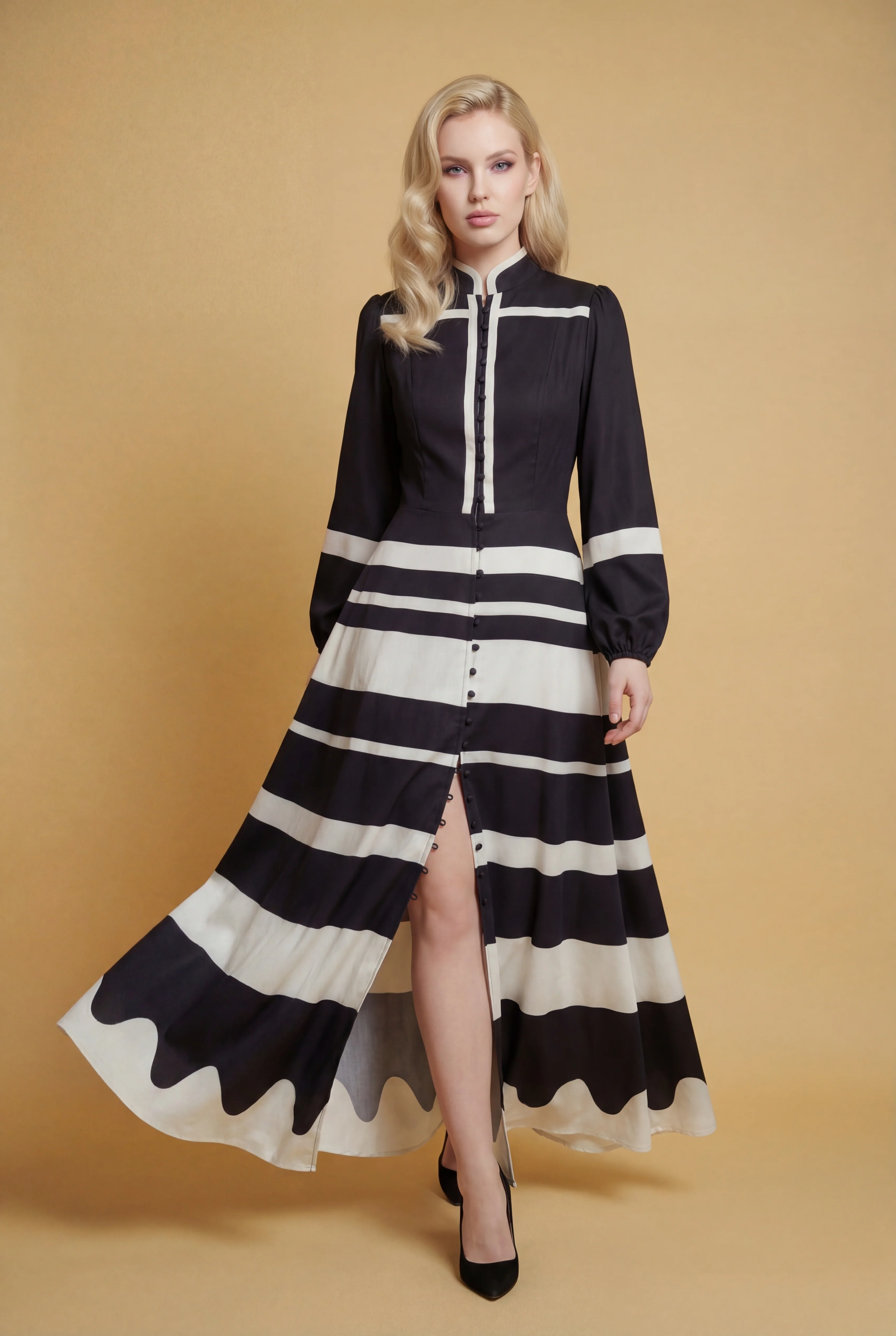 GF1582 CONTRAST STRIPE BUTTONDOWN MAXI DRESS - Image 3