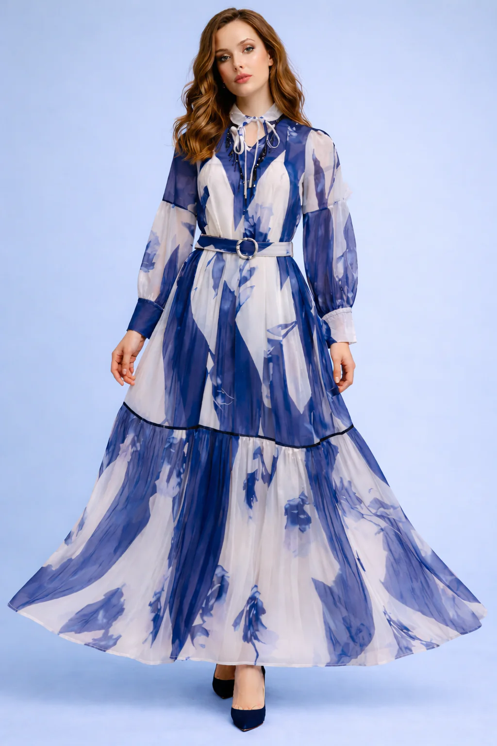 GF1586 DRAWSTRING NECK BELTED MAXI DRESS