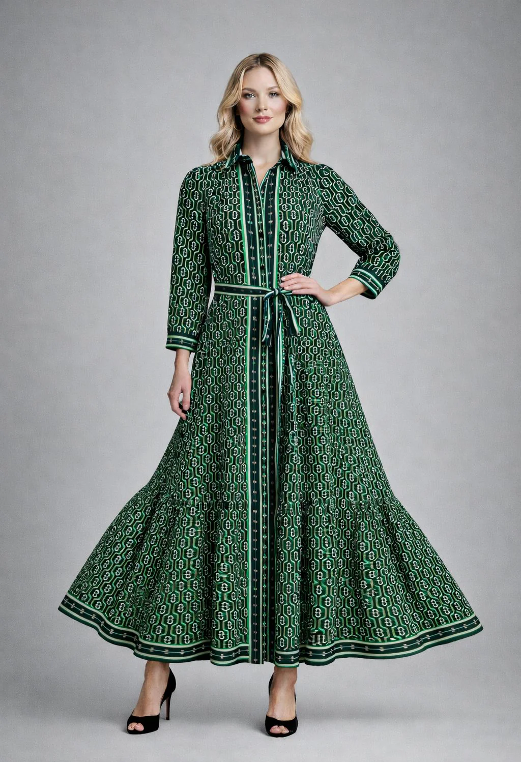 GF1588 PATTERNED LONGLINE SHIRT DRESS (BLUE, GRN) - Image 2