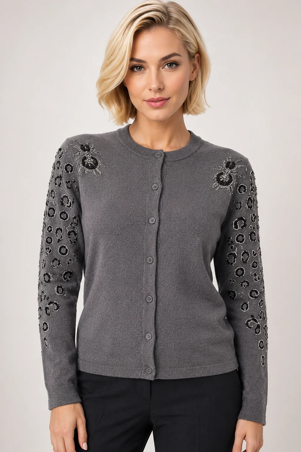 JK199 BEADED SLEEVE CARDIGAN SWEATER