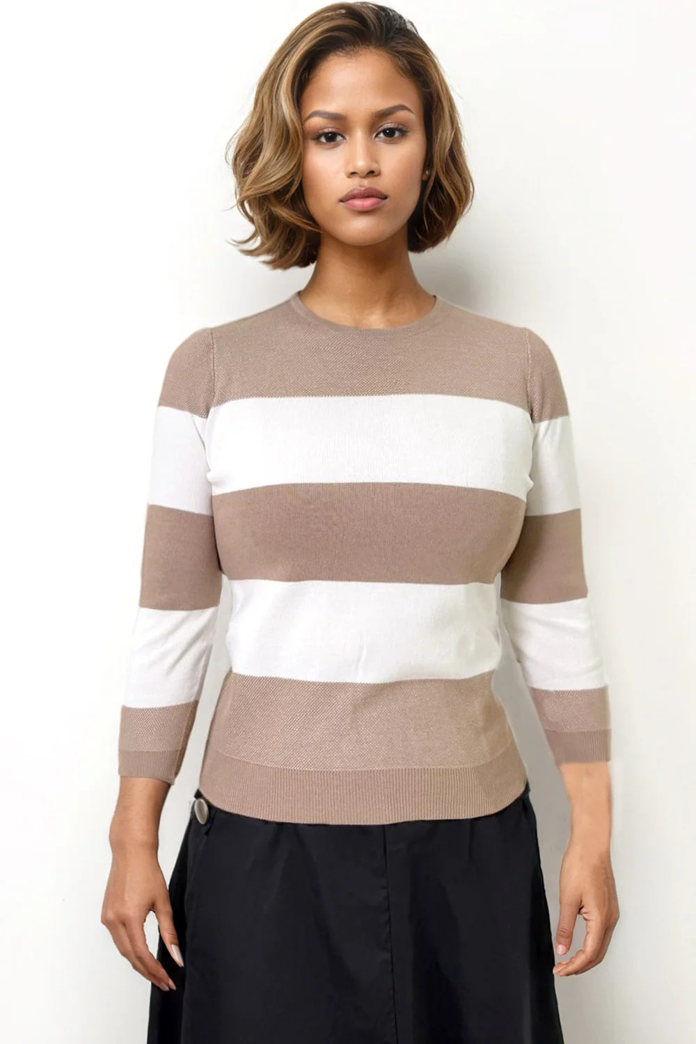 LS61043 ROUND NECK PULLOVER SWEATER (BLK, BEIGE) - Image 2