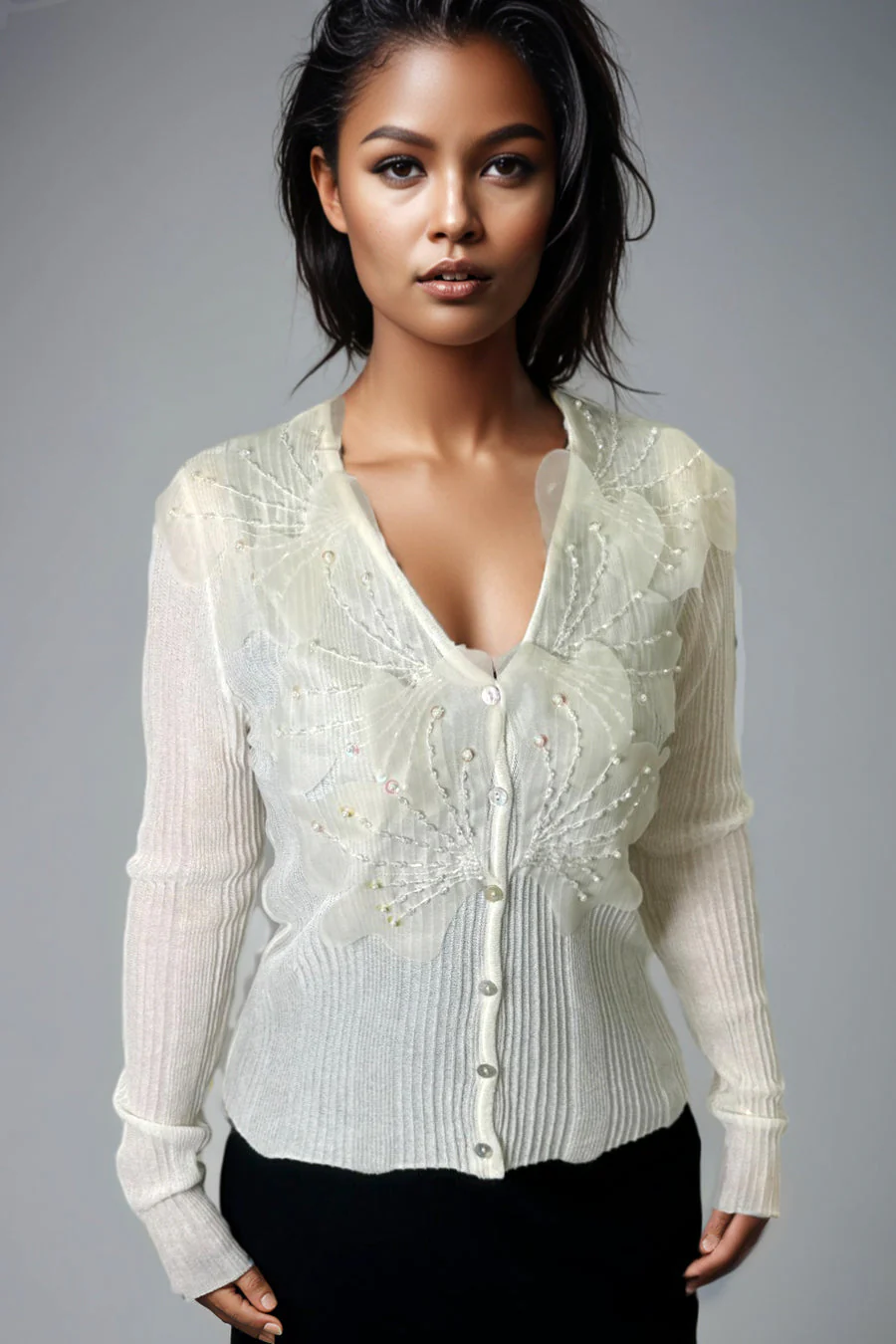 LS64091 LACE V-NECK TOP (BLK, BEIGE) - Image 3
