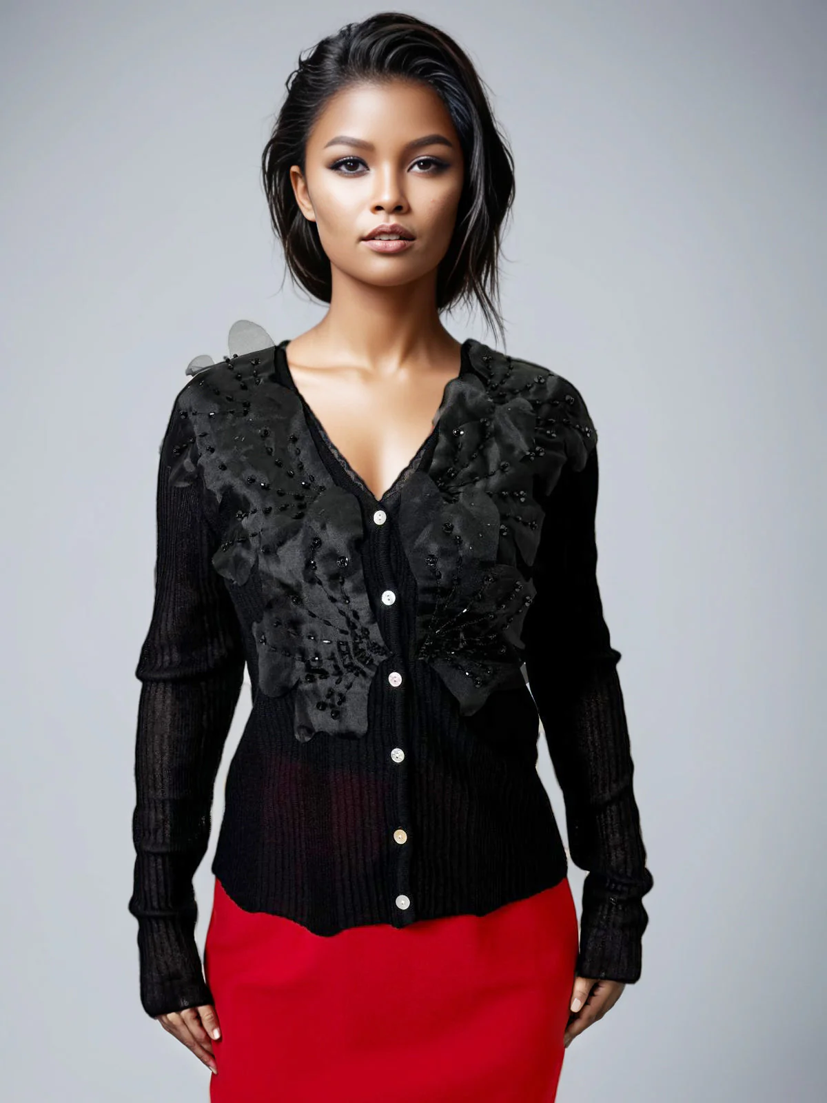 LS64091 LACE V-NECK TOP (BLK, BEIGE) - Image 4
