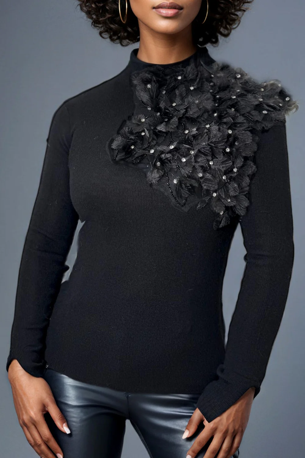 LS65056 STUDDED PETAL SWEATER (IVORY, BLK, PINK) - Image 2