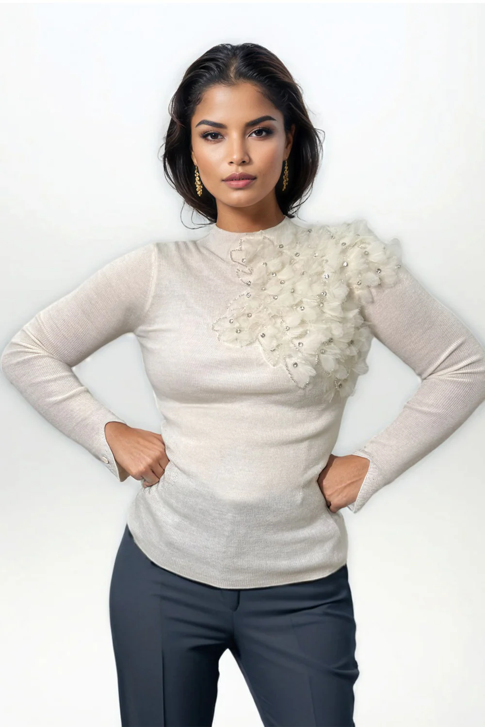 LS65056 STUDDED PETAL SWEATER (IVORY, BLK, PINK) - Image 3