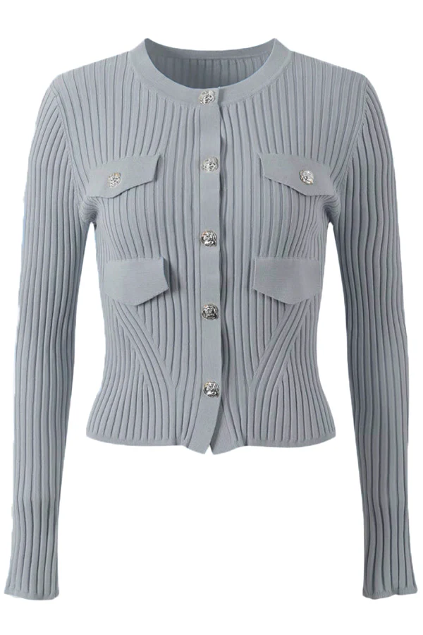 LS8001A ROUND NECK CARDIGAN SWEATER (GRAY, WHT) - Image 3