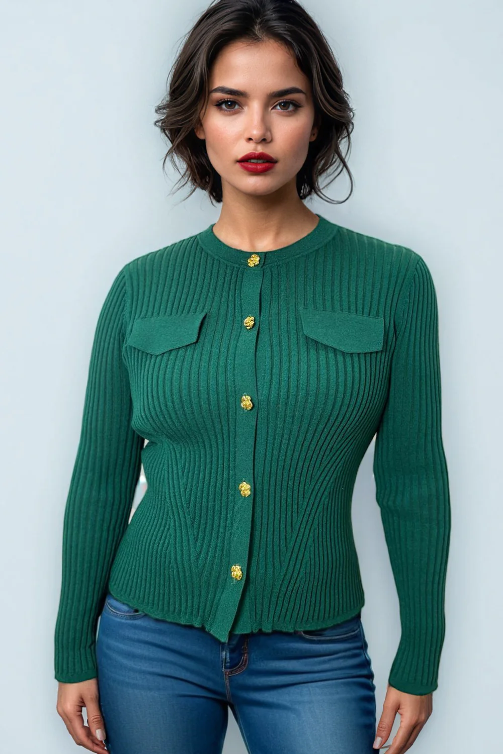 LS65003 ROUND NECK CARDIGAN SWEATER (PINK, GRN) - Image 2