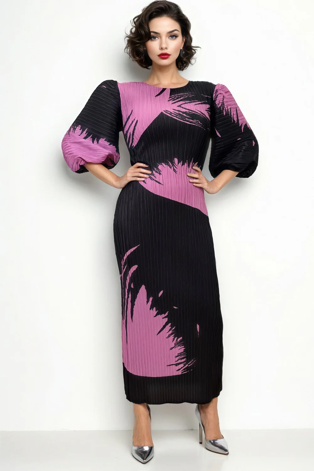 N24156 CRINKLED PUFF SLEEVE DRESS