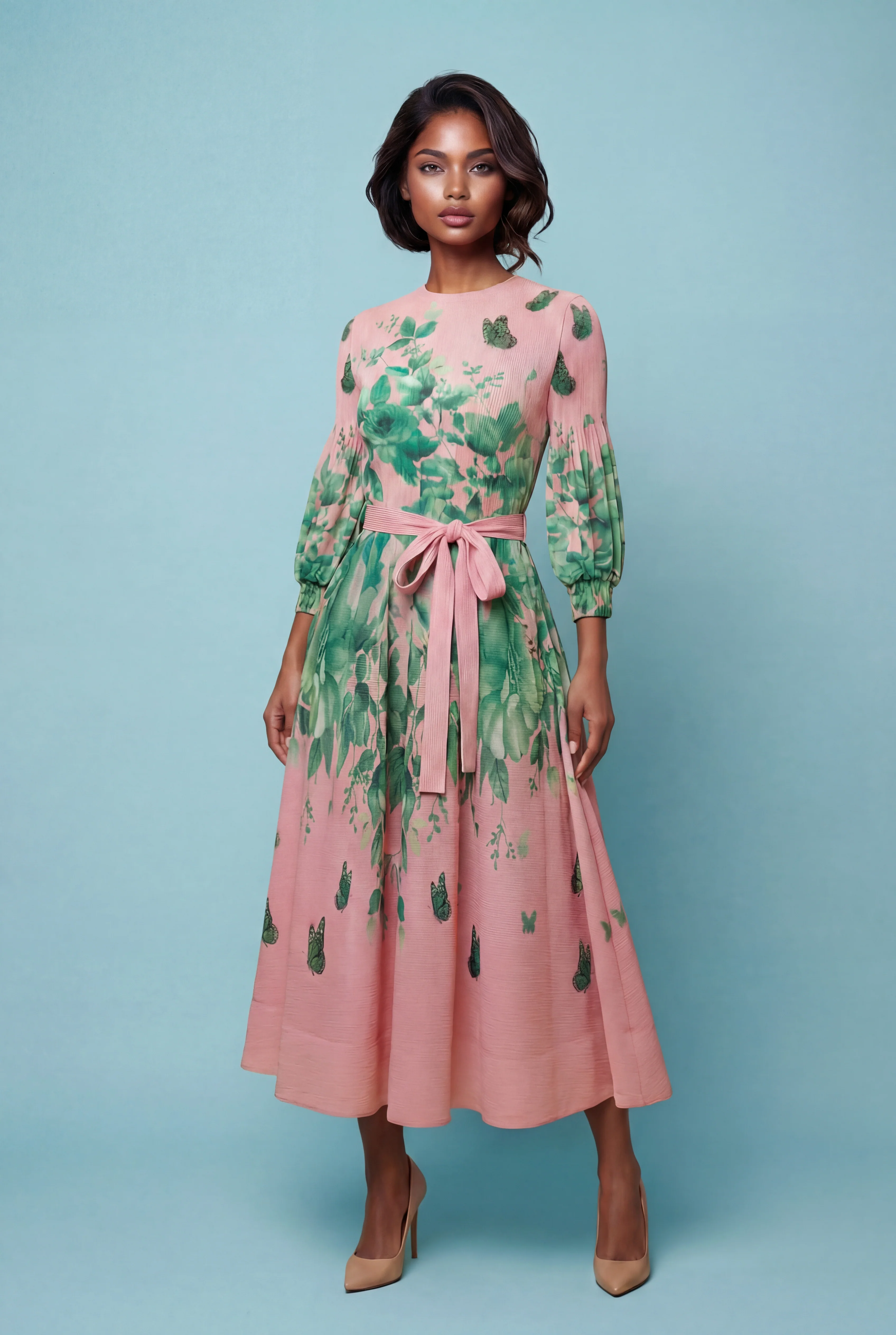 N2572 FLORAL PRINT CRINKLED DRESS