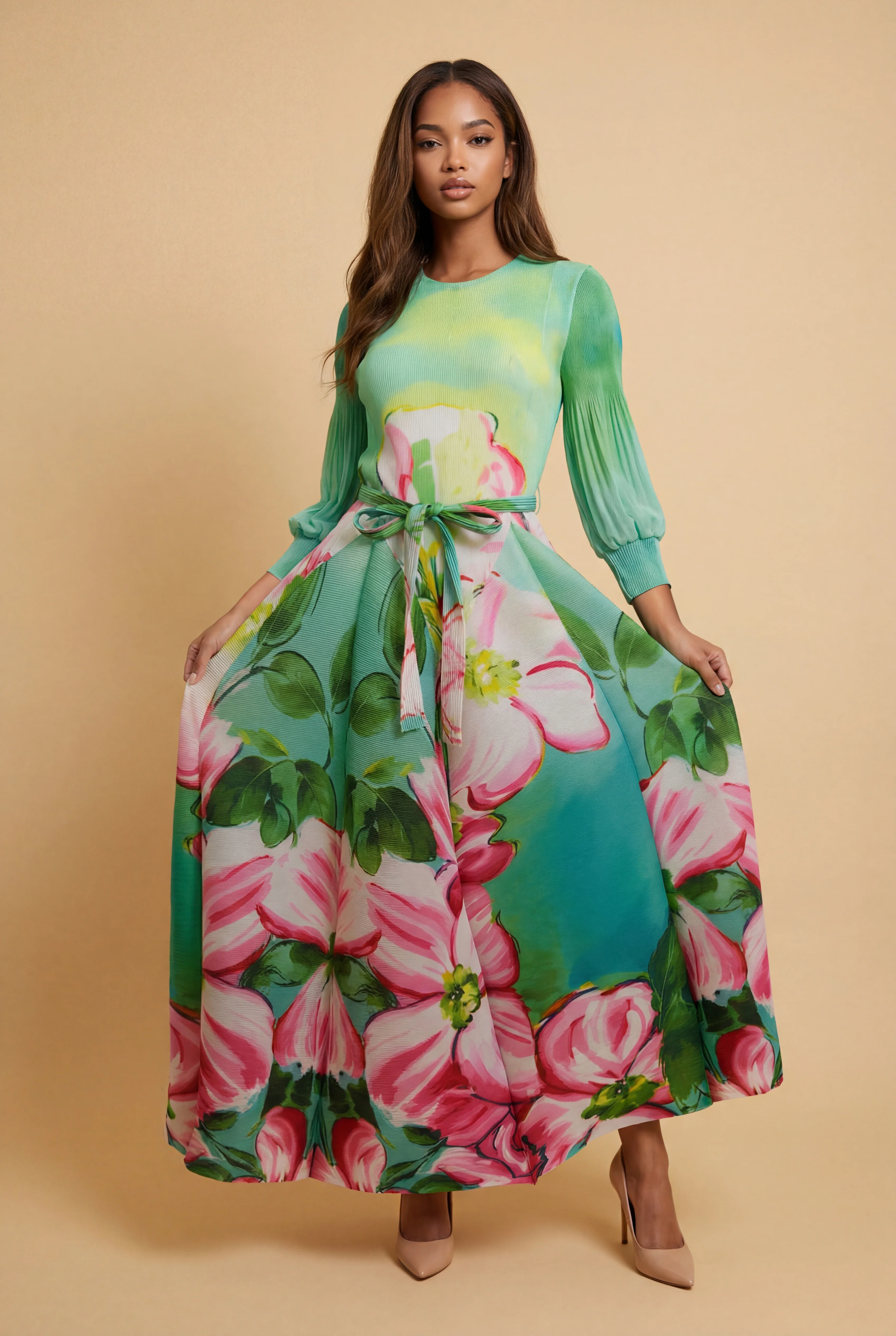 N2589 PRINT PLEATED MAXI DRESS