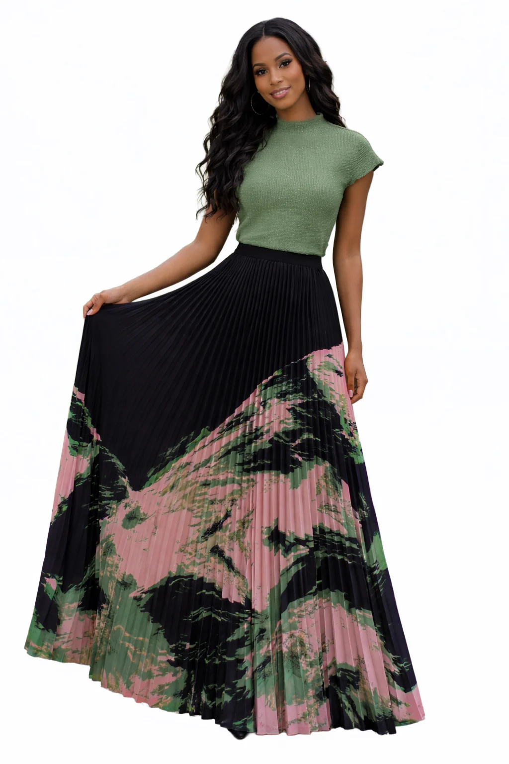 HX0003 ABSTRACT PLEATED MAXI SKIRT (BLU, PNK) - Image 2