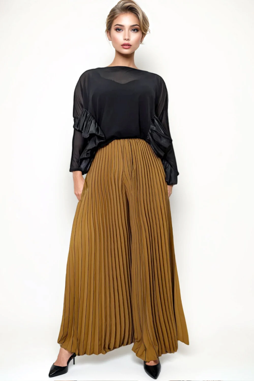 NY0013 PALAZZO PLEATED PANTS (GRN, RED, KHAKI) - Image 3