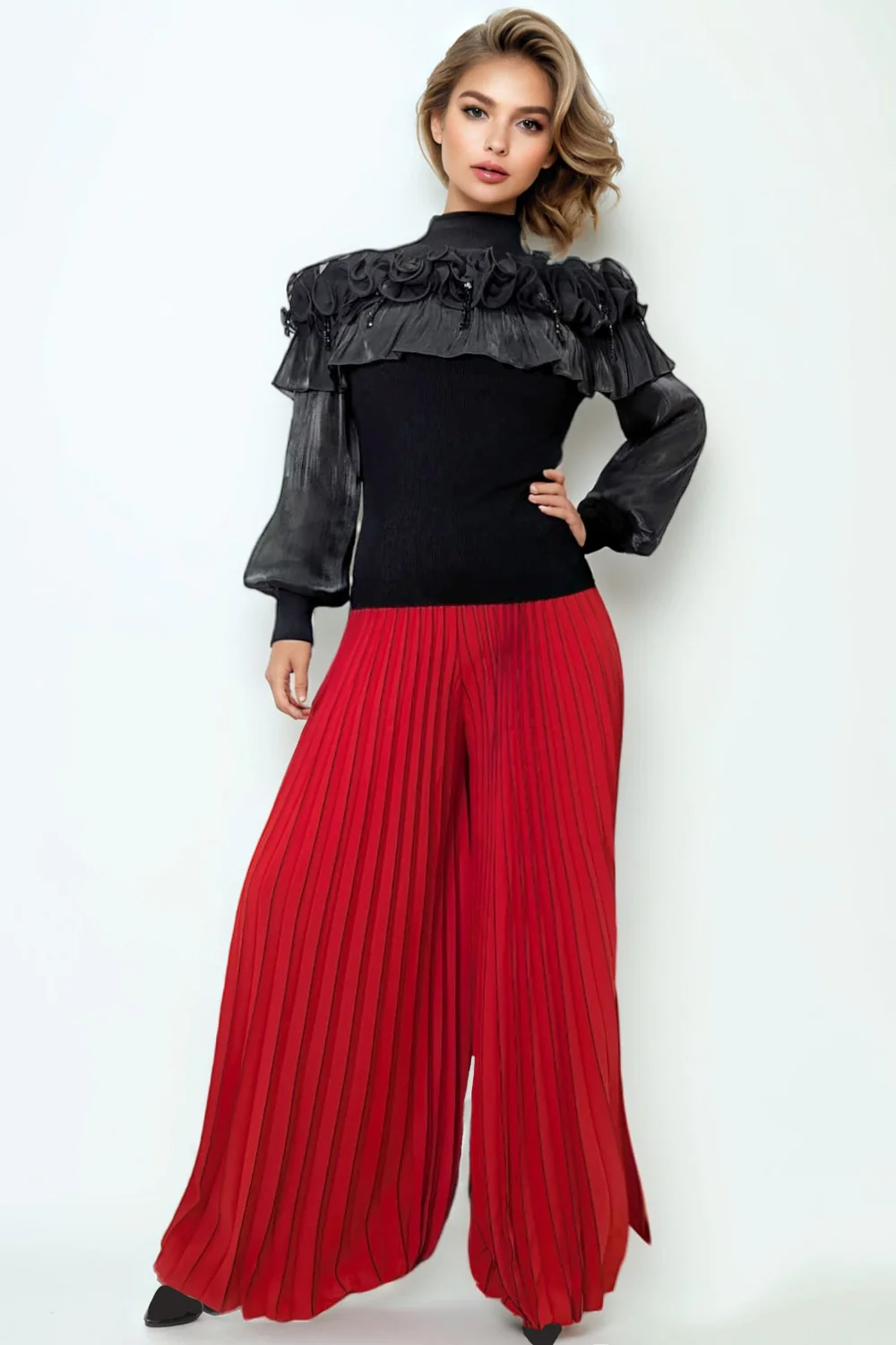 NY0013 PALAZZO PLEATED PANTS (GRN, RED, KHAKI) - Image 5