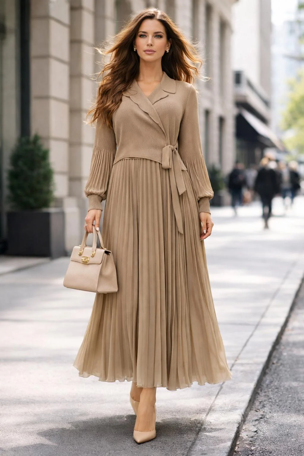 NY0027 PLEATED V-NECK DRESS (KHAKI, BLK)