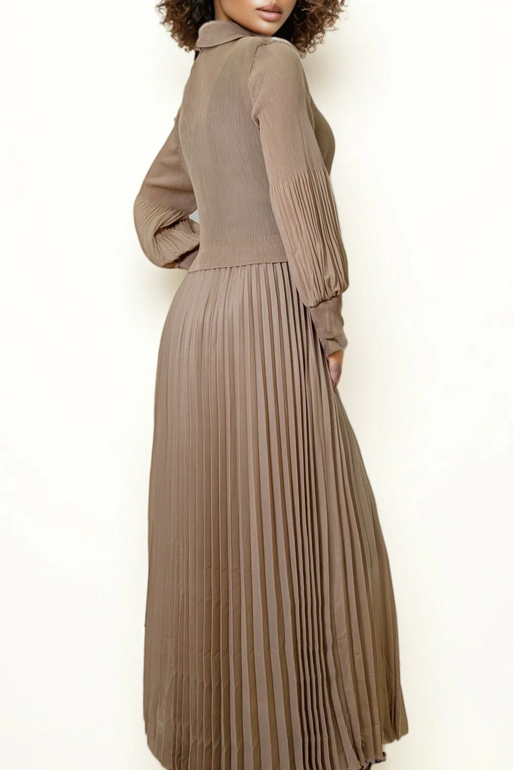 NY0027 PLEATED V-NECK DRESS (KHAKI, BLK) - Image 2