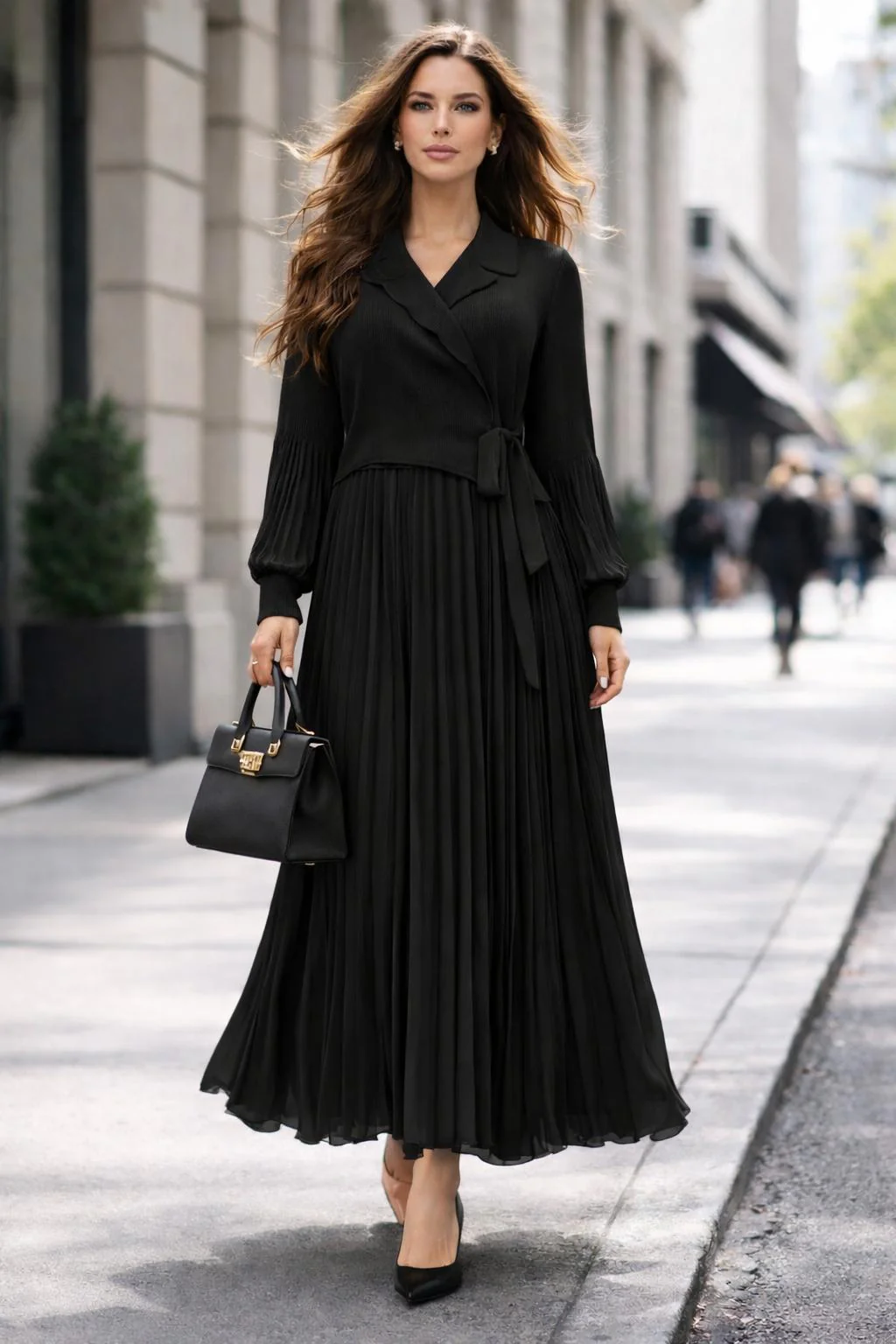 NY0027 PLEATED V-NECK DRESS (KHAKI, BLK) - Image 3